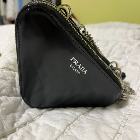 Prada Triangular Embellished Satin And Leather Mini-pouch - Picture 3 of 6